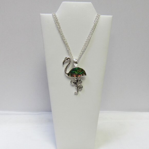 Silver Plated Abalone Shell Flamingo Charm Necklace Pendant - Picture 2 of 6